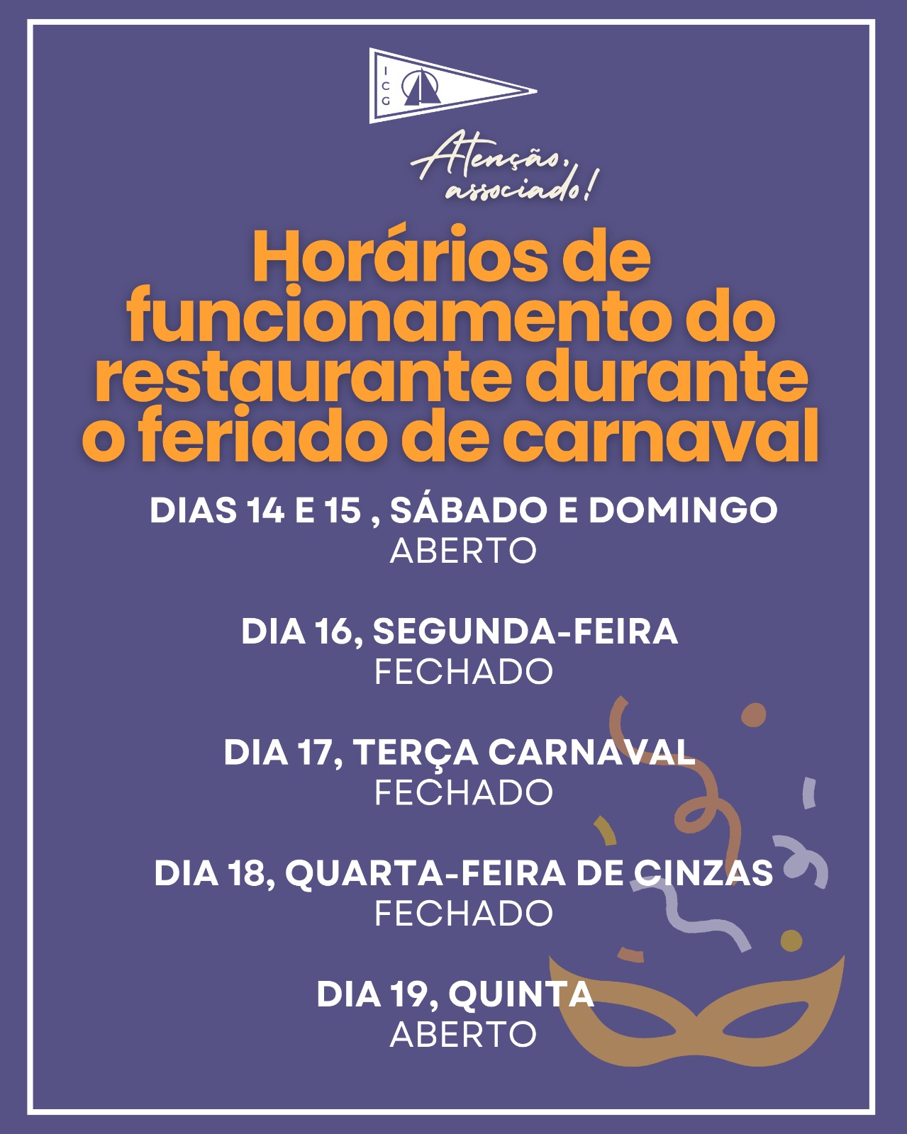 Restaurante do Iate Clube divulga horários especiais no feriado de Carnaval